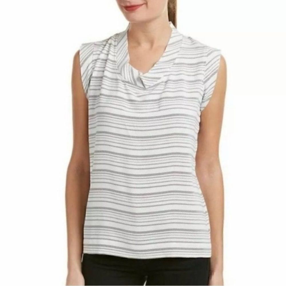 Like NEW CAbi 236 Madeleine SPRING Blouse Shell Top w/ Cap Sleeves White Gray M